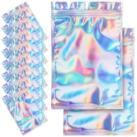 NIKUY 100 Pieces Resealable Smell Proof Bags - Foil Pouch Bags Flat Clear Food Storage Plastic Packaging Foil Mylar Bags for Party Favor Food Storage (Holographic Color, 7x9 Inch)