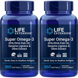Life Extension Super Omega-3 360 Softgels (Pack of 2), Easy to Swallow, EPA/DHA Omega3 Fish Oil, Sesame Lignans & Olive Extract