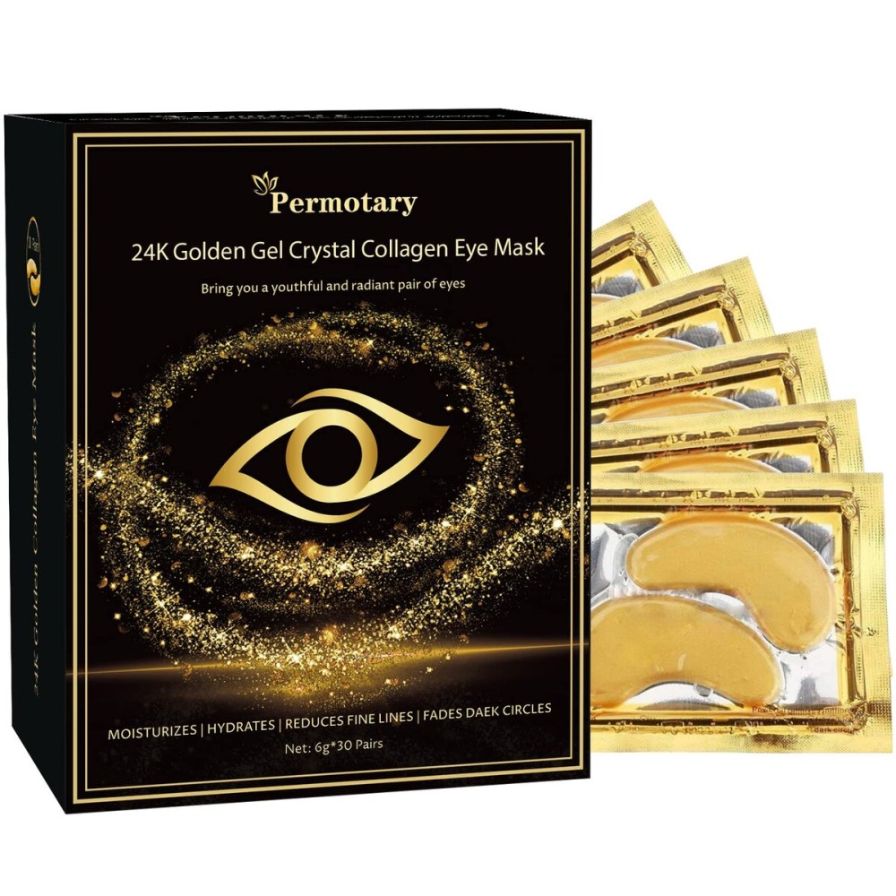 Permotary 30 Pairs Crystal Collagen Under Eye Mask, Gold Gel Collagen Eye Pad For Moisturizing, Reducing Dark Circles & Puffy Eyes (30 Pairs Gold)