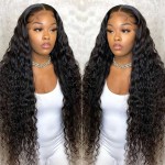 Pizazz 13x4 HD Transparent Lace Front Wigs Human Hair Pre plucked Bleached Knots with Baby Hair 12A 180 Density Brazilian Deep Wave Frontal Wigs for Black Women(26 Inch, Black color)