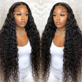 Pizazz 13x4 HD Transparent Lace Front Wigs Human Hair Pre plucked Bleached Knots with Baby Hair 12A 180 Density Brazilian Deep Wave Frontal Wigs for Black Women(26 Inch, Black color)