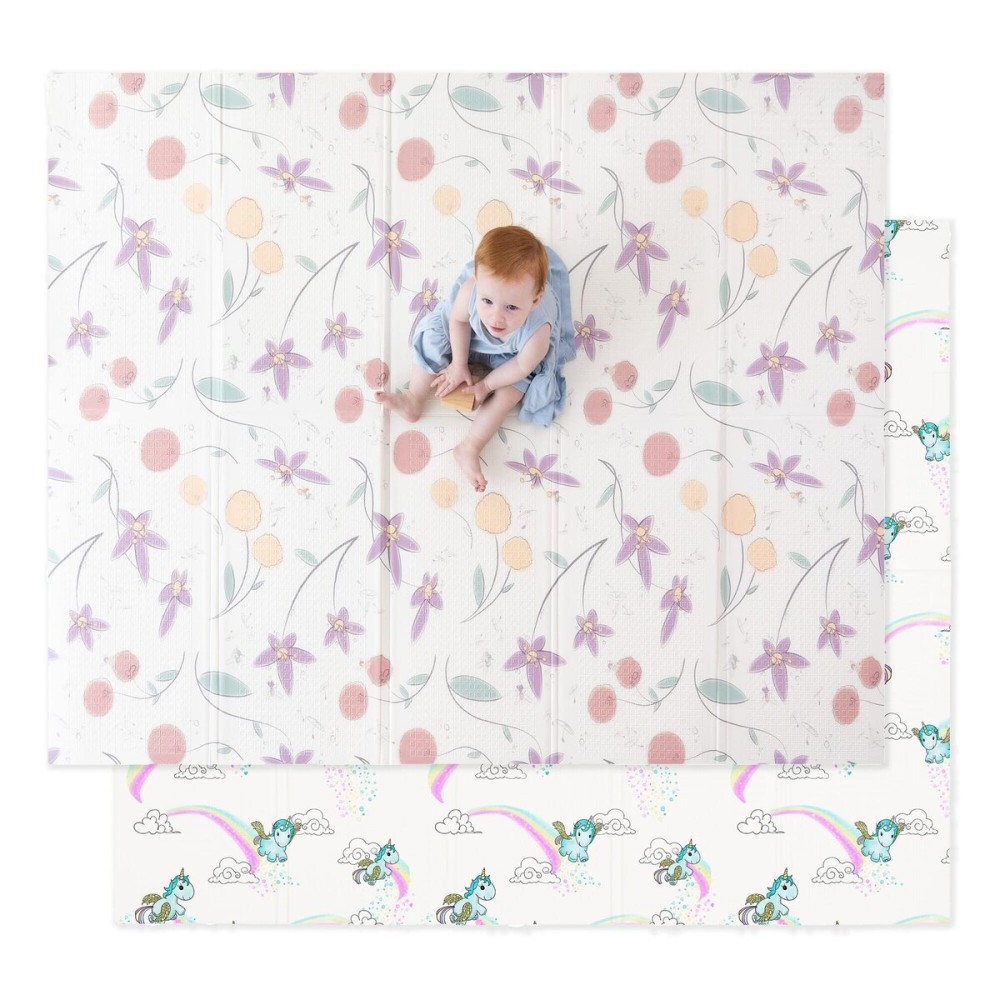 JumpOff Jo Baby Play Mat - Large Folding Foam Play Mat for Infants, Babies, Toddlers, Waterproof, Double-Sided (70 x 59) - Fairy Blossom