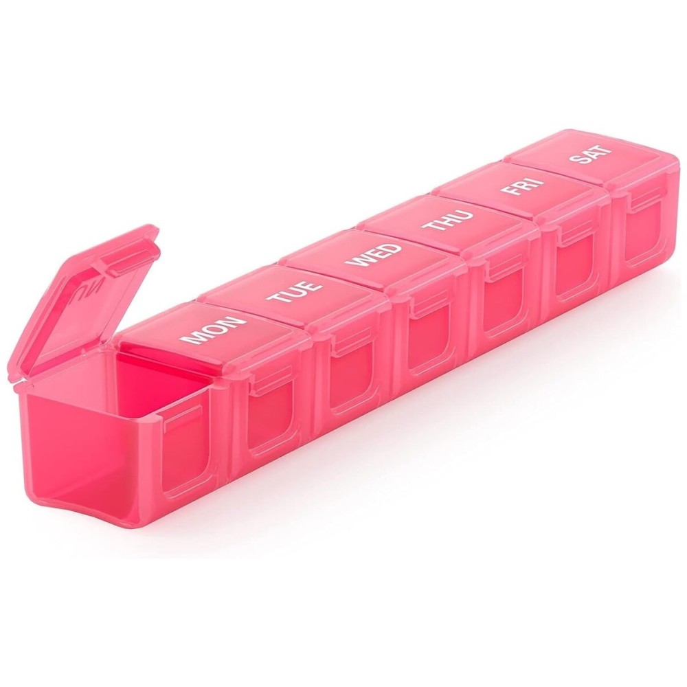 Sukuos Extra Large Weekly Pill Organizer, 7 Day Daily Pill Box Case Arthritis Friendly, Silkscreen Printed Medicine Container with Clear Lid for Vitamins, Fish Oils or Supplements (Pink)