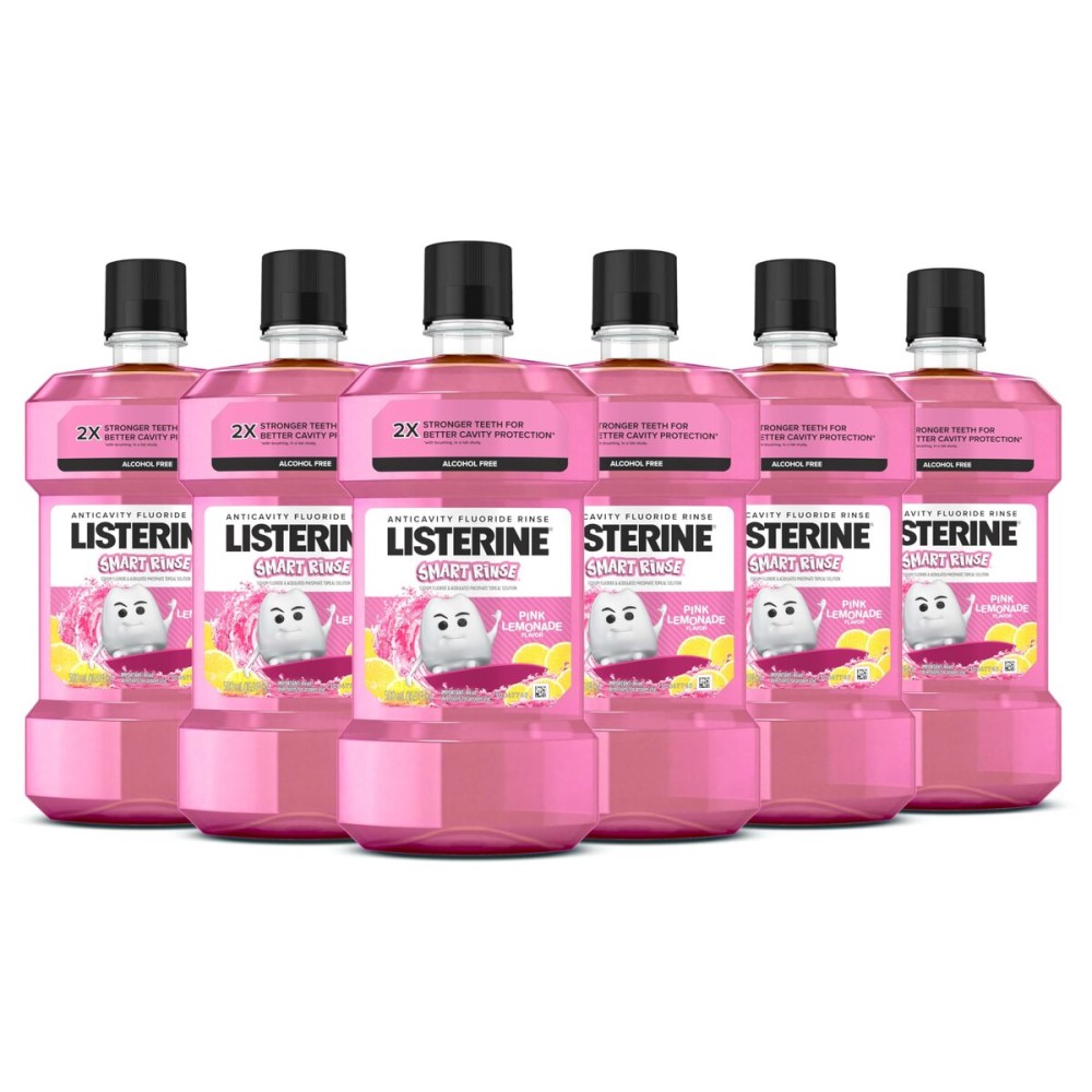 Listerine Smart Rinse Kids Mouthwash, ADA Accepted, Alcohol-Free Anticavity Sodium Fluoride Mouthwash, Oral Rinse for Dental Cavity Protection, Pink Lemonade Flavor, 500 mL, 6 Pack