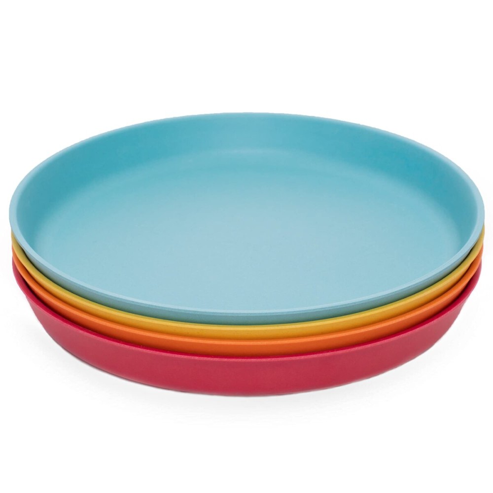 WeeSprout Bamboo Plates, Set of 4, Kid-Sized Dinnerware, Dishwasher Safe Melamine Dishware (Blue, Yellow, Orange, & Red, Without Lids)