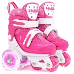 Quad Roller Skates for Kids Girls with Adjustable Size (Age 3-9), Double Brakes, Luminous Wheels, 3-Point Balance, Include Knee Pads Elbow Pads Wrist Guards