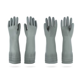 DABOGOSA Mamison 2 Pairs Reusable Waterproof Household Dishwashing Cleaning Rubber Gloves, Non-Slip Kitchen Glove (Grey, Medium (Pack of 2))