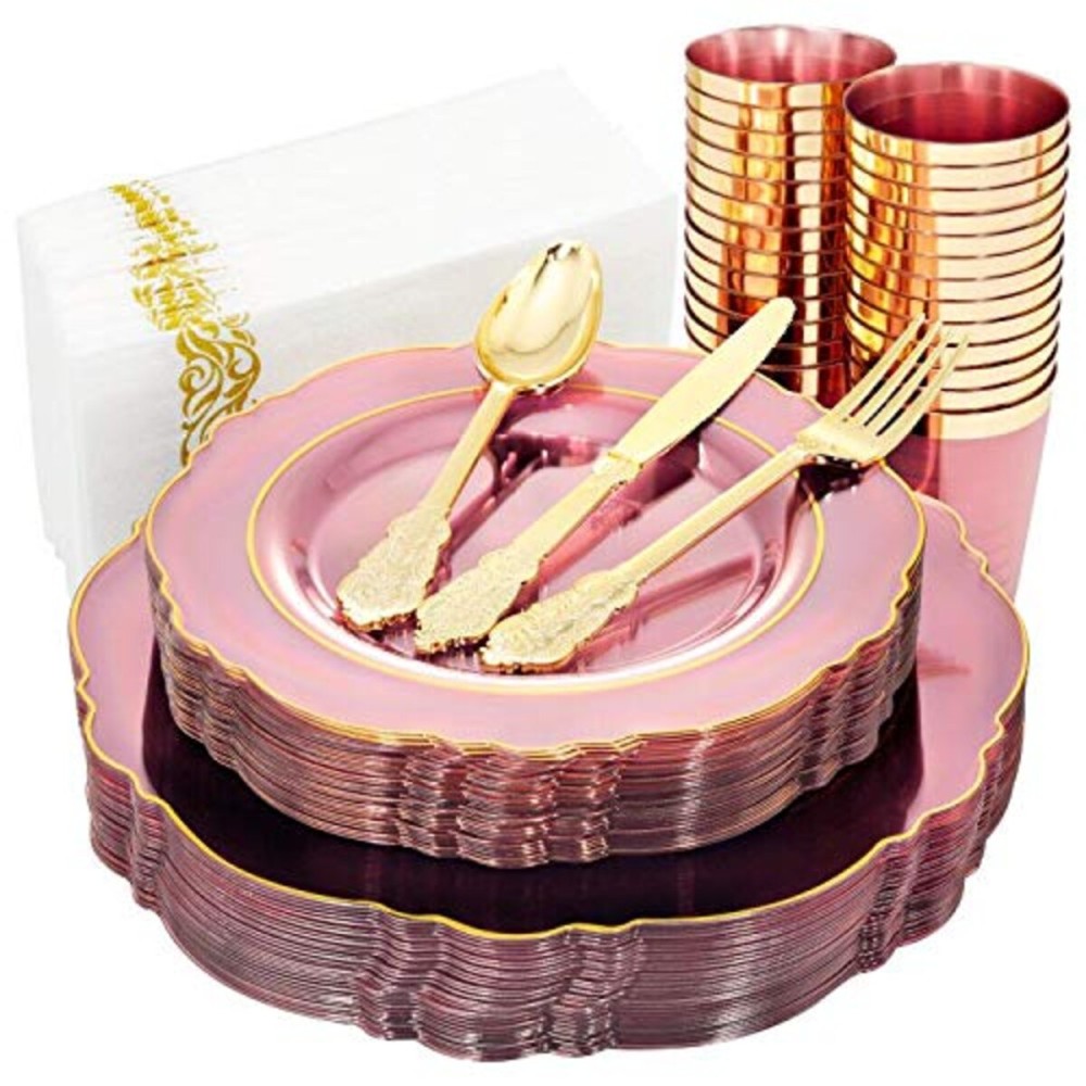KIRE 210Pcs Clear Pink Plastic Plates with Gold Rim - Disposable Gold Silverware &Pink Cups&Hand Napkin - Plum Colored Plastic Dinnerware for Upscale Wedding