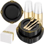 Hioasis 175pcs Black and Gold Plastic Plates - Elegant Disposable Dinnerware Set Suitable for 25 Guests Include 10.25 Dinner & 7.5 Dessert Plates, Cutlery, Napkins, Cups for Party & Wedding