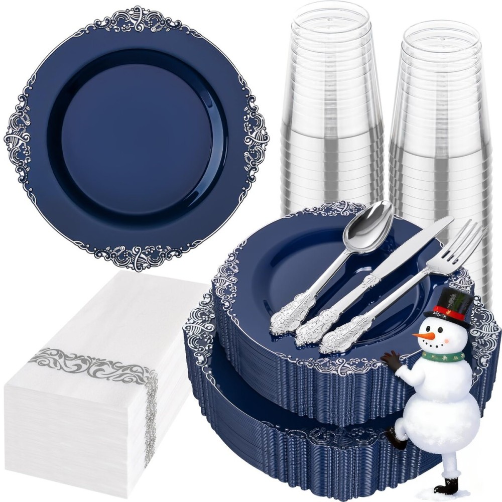 Hioasis 175pcs Blue and Silver Plastic Plates - Elegant Disposable Dinnerware Set Suitable for 25 Guests Include 10.25 Dinner & 7.5 Dessert Plates, Cutlery, Napkins, Cups for Party & Wedding