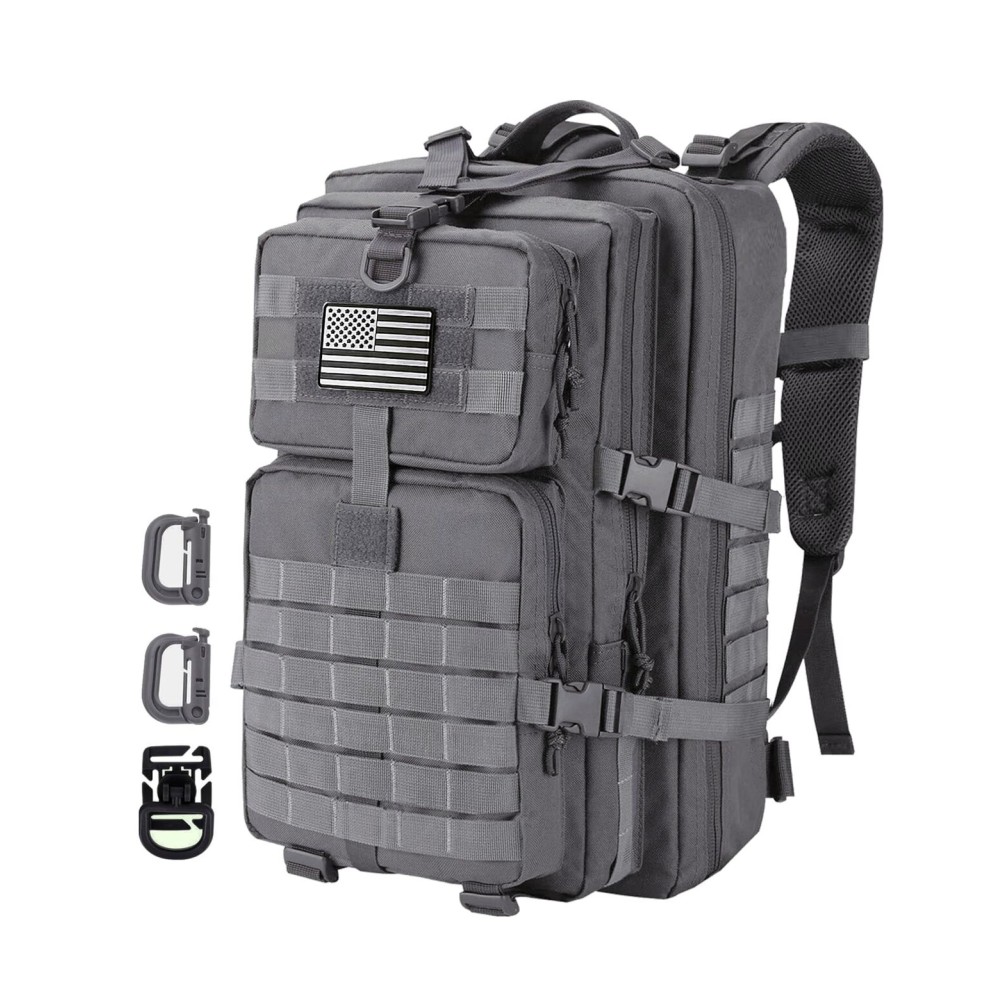 Hannibal Tactical MOLLE Assault Backpack, Tactical Backpack Military Army Camping Rucksack, 3-Day Pack Trip w/USA Flag Patch, D-Rings, Grey