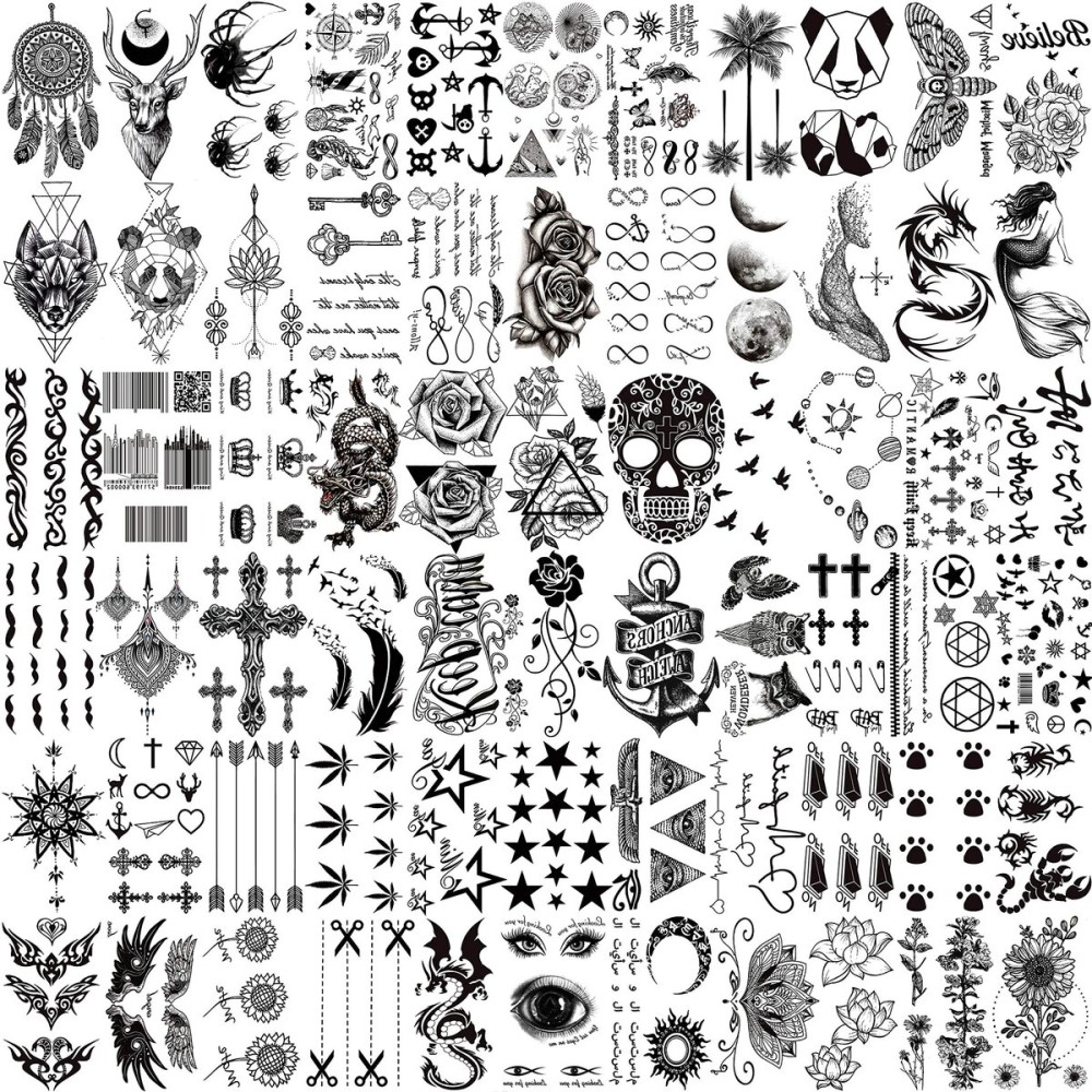 VANTATY 66 Sheets 3D Small Black Temporary Tattoos For Women Men Waterproof Fake Tattoo Stickers For Face Neck Arm Children Flower Birds Star Realistic Tatoo Kits For Boy Girls Adults