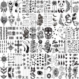 VANTATY 66 Sheets 3D Small Black Temporary Tattoos For Women Men Waterproof Fake Tattoo Stickers For Face Neck Arm Children Flower Birds Star Realistic Tatoo Kits For Boy Girls Adults