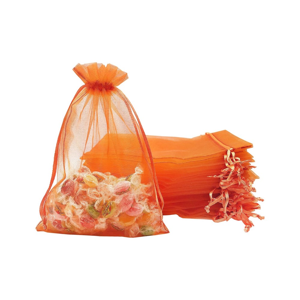 Jexila 100PCS Orange Organza Bags 5X7 inches Halloween Drawstring Goodie Candy Treat Bags for Kids Birthday Party Favor Pouch Orange Mesh Gift Bags