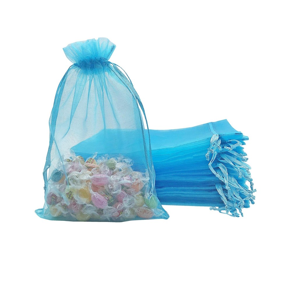Jexila 100PCS Sheer Organza Bags - 5X7 inches Turquoise Mesh Drawstring Jewelry Gift Bags for Wedding, Birthday, Shower & Party Favors