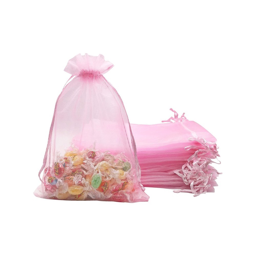 Jexila 100PCS Pink Organza Bags 5X7 Inch Mesh Bag Drawstring for Wedding Party Baby Shower Favor Pouches Bags (Pink 5X7)