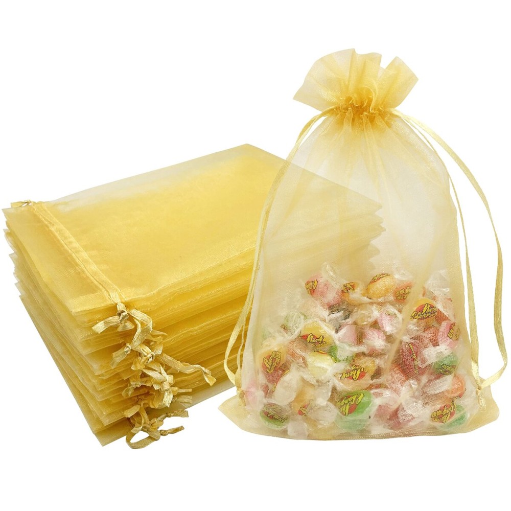 Jexila 100PCS Gold Organza Bags 5X7 inches with Drawstring Jewelry Pouches Mesh Gift Bags for Wedding Party Favor Baby Shower Small Candy Gift Bags