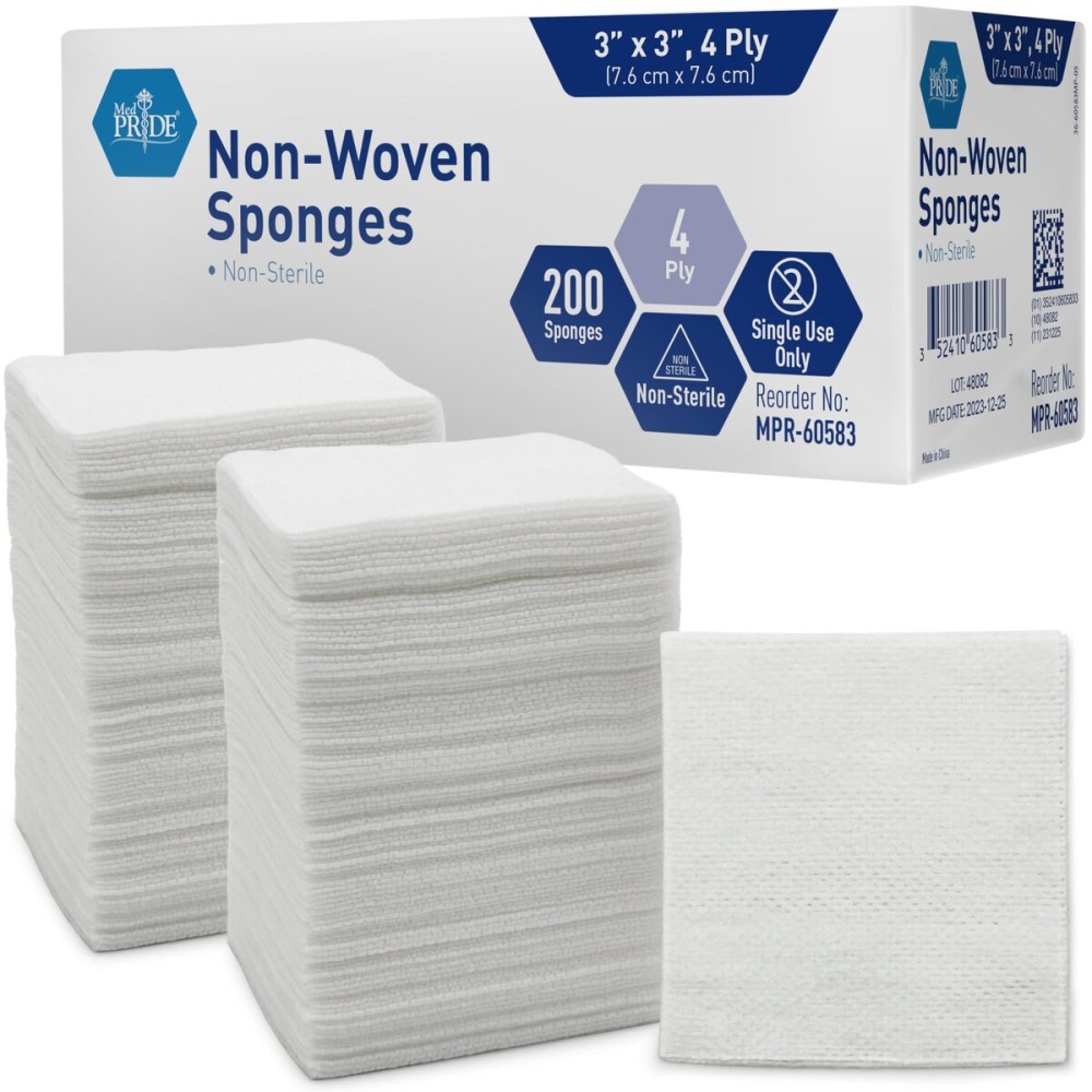 MED PRIDE 3x3 in Gauze Pads 200 Pack, Nonsterile, 4 Ply, Nonadherent Mesh Bandages, Absorbent Wound Care Dressing Sponges