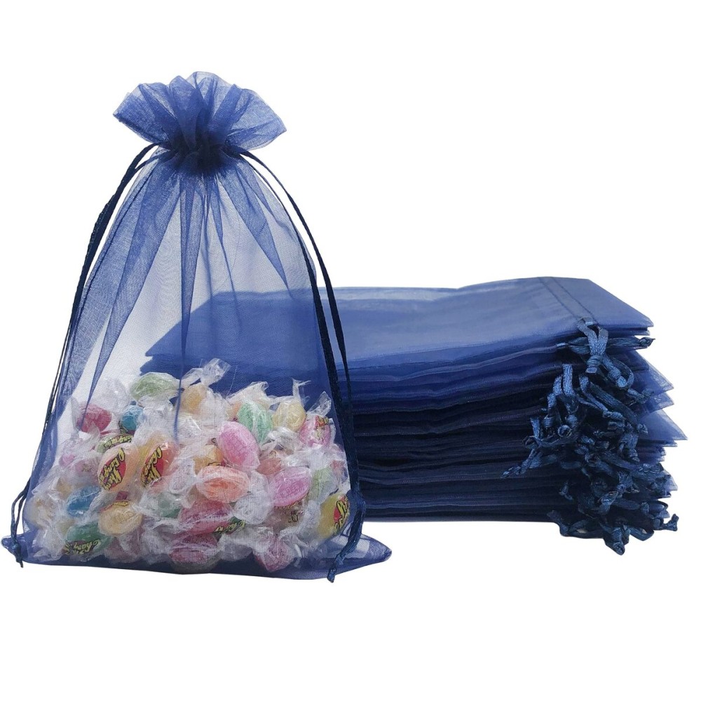 Jexila 100PCS Sheer Organza Bags - 5X7 inches Navy Blue Mesh Drawstring Jewelry Bags for Wedding Party Favor Pouches