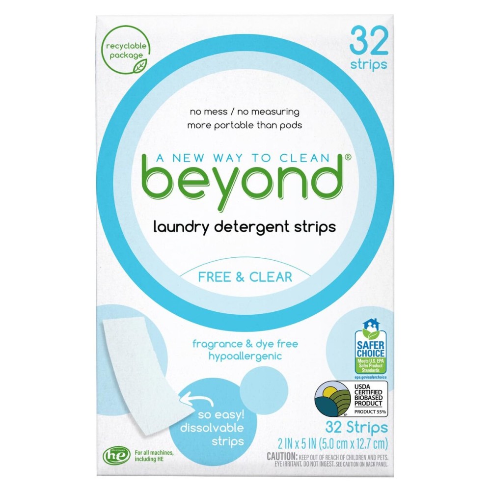 Beyond Laundry Detergent Strips [32 strips] - Free & Clear - Eco-friendly, Hypoallergenic. Travel friendly. Dissolvable Strips.