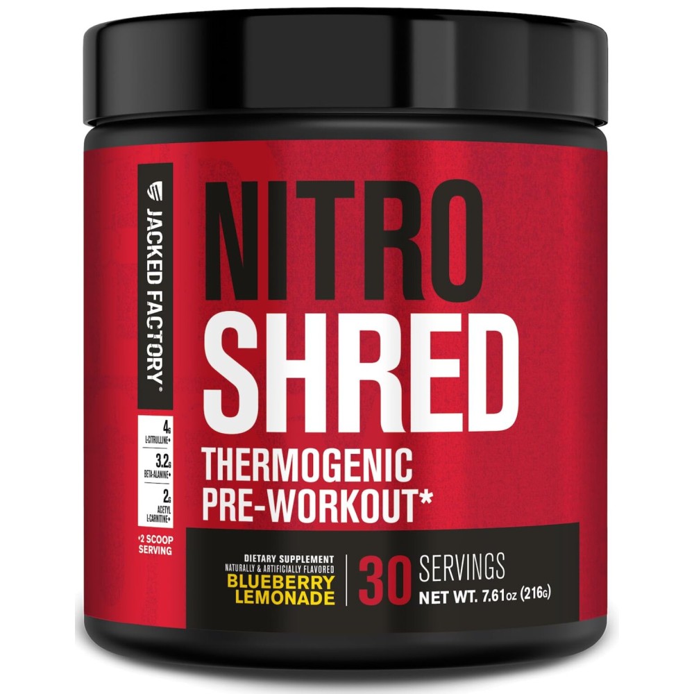 Jacked Factory NITROSURGE Shred Pre Workout Supplement - Energy Booster, Instant Strength Gains, Sharp Focus, Powerful Pumps - Nitric Oxide Booster & PreWorkout Powder - 30Sv, Blueberry Lemonade