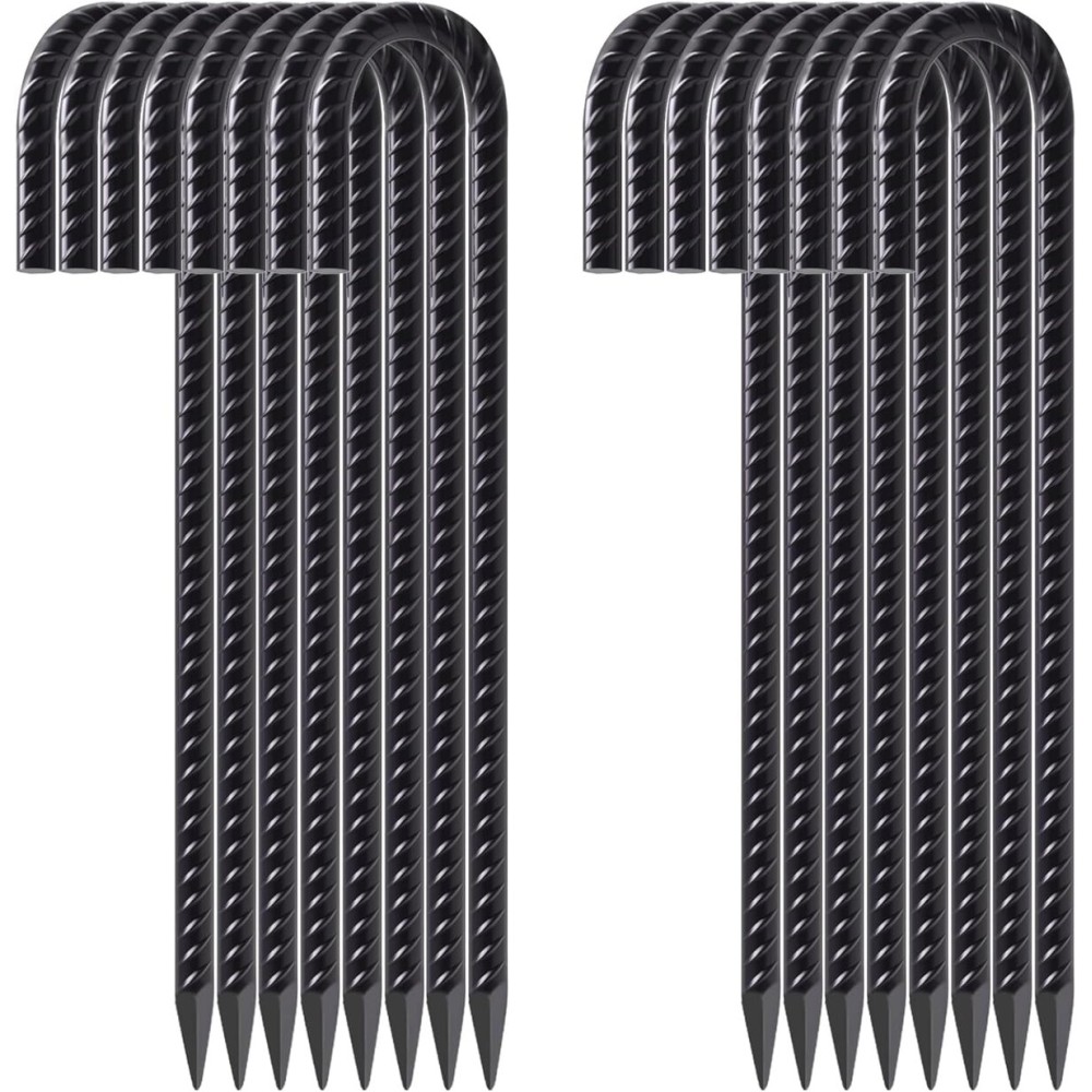 FEED GARDEN 12 Inch 16 Pack Rebar Stakes Heavy Duty J Hook, Galvanized Ground Stakes Tent Stakes Steel Ground Anchors, Chain Link Fence Stakes, Trampoline Stakes, Black