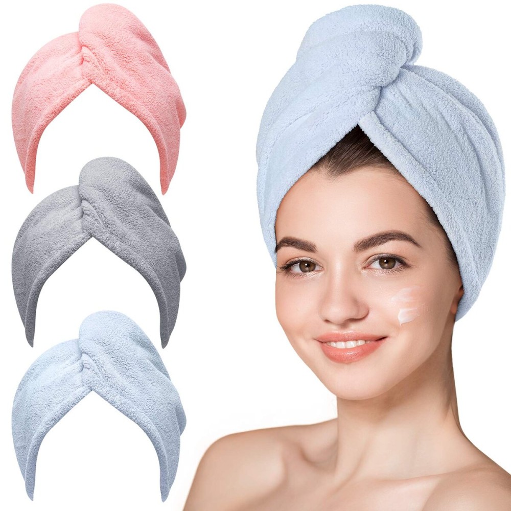 Hicober Microfiber Hair Towel Wrap, Fast Drying Hair Towels for Women, Soft Lightweight Quick Dry Turban for Curly & Long Hair-3 Pack(Blue/Grey/Pink)