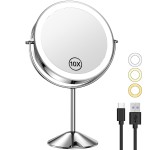Gospire 8 Lighted Makeup Mirror with Magnification 10X/1X, 3 Color Lights & Dimmable Lighting, 360 Rotation Double Sided Rechargeable Cordless Vanity Cosmetic Standing LED Mirror for Makeup
