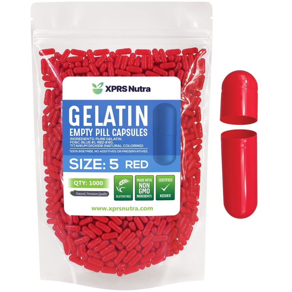 XPRS Nutra Size 5 Empty Capsules - 1000 Count Very Small Empty Gelatin Capsules - Pills DIY Capsule Filling - Fillable Pill Gel Caps for Do-It-Yourself Vitamin Supplements (Red)