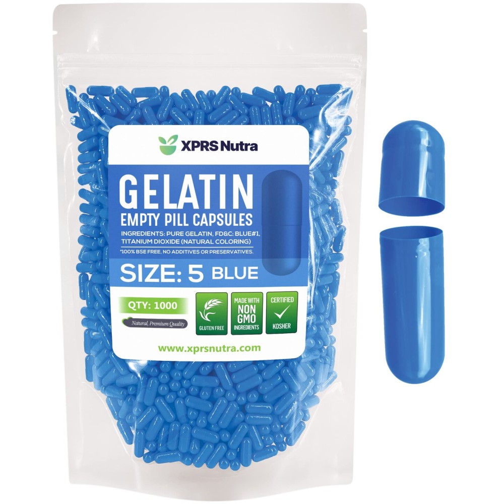 XPRS Nutra Size 5 Empty Capsules - 1000 Count Very Small Empty Gelatin Capsules - Pills DIY Capsule Filling - Fillable Pill Gel Caps for Do-It-Yourself Vitamin Supplements (Blue)
