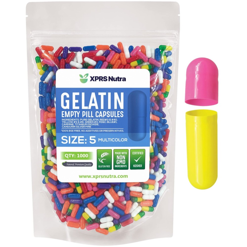 XPRS Nutra Size 5 Empty Capsules - 1000 Count Very Small Empty Gelatin Capsules - Pills DIY Capsule Filling - Fillable Pill Gel Caps for Do-It-Yourself Vitamin Supplements (Multi Color)