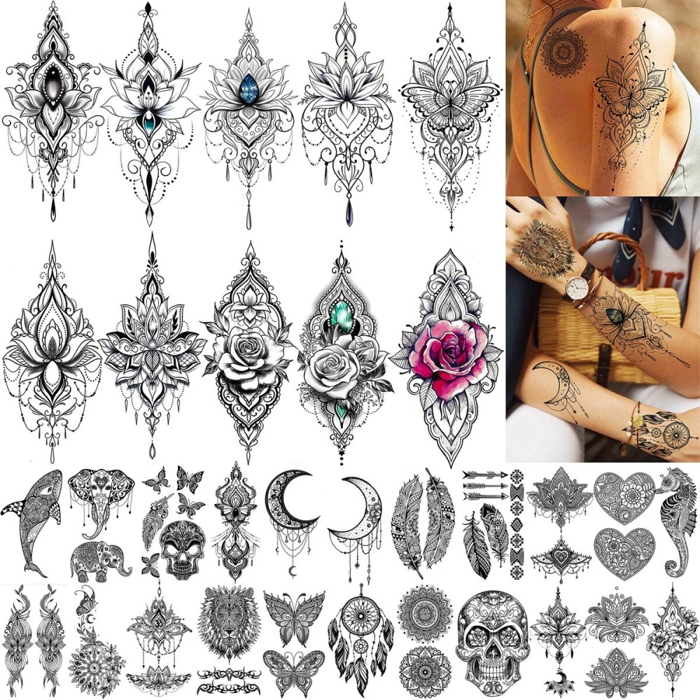 TASROI 32 Sheets Sexy Black Lotus Temporary Tattoos For Women Girls Indian Tribal Lace Tatoo Sticker Neck, Mandala Flower Butterfly Rose Tattoo Temporary Dreamcatcher Elephant Henna Tattoo Kit Adults