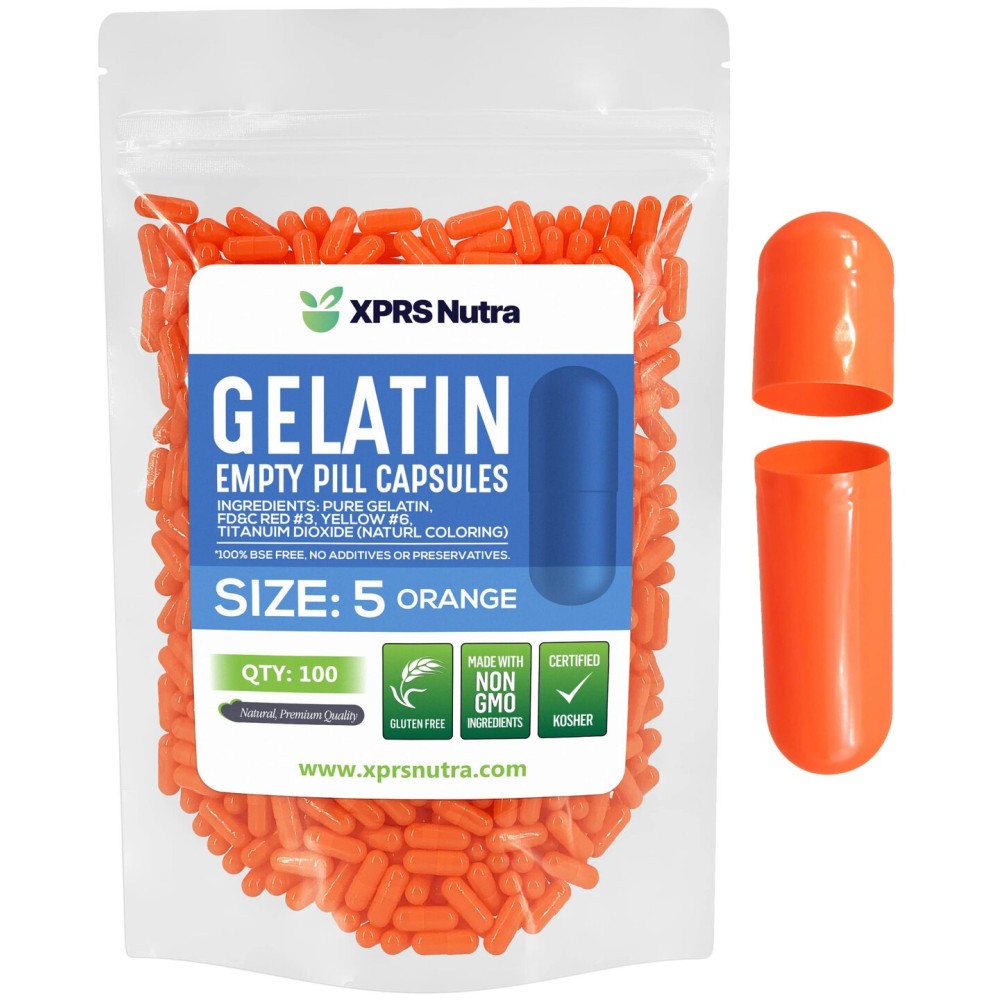 XPRS Nutra Size 5 Empty Capsules - 100 Count Very Small Empty Gelatin Capsules - Pills DIY Capsule Filling - Fillable Pill Gel Caps for Do-It-Yourself Vitamin Supplements (Orange)