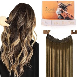 DOORES Wire Hair Extensions 14 Inch 75g Remy Human Wire Hair Extensions Invisible Transparent Line Adjustable Hairpieces Secret Extensions Straight Hair Balayage Chocolate Brown to Caramel Blonde