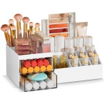 Subsky Makeup Organizer with Drawers, Easy Storage for Beauty Products Brushes, Multifunction Plastic Desk Organizer, Cosmetics Organizer for Countertop Dresser Vanity and Bathroom (White)