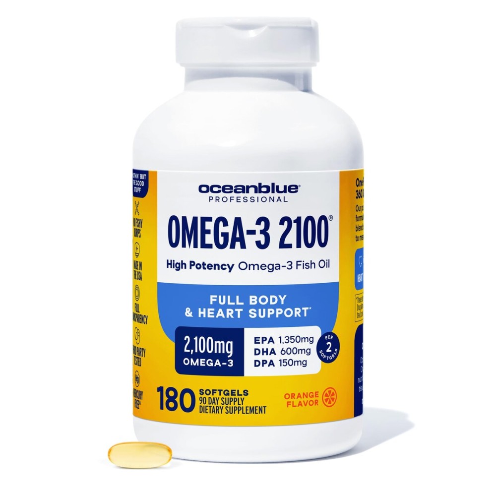 Oceanblue Professional Omega-3 2100 - 180 ct - Triple Strength Burpless Fish Oil Supplement with High-Potency EPA, DHA, DPA - Wild-Caught - Orange Flavor (90 Servings)