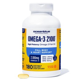 Oceanblue Professional Omega-3 2100 - 180 ct - Triple Strength Burpless Fish Oil Supplement with High-Potency EPA, DHA, DPA - Wild-Caught - Orange Flavor (90 Servings)