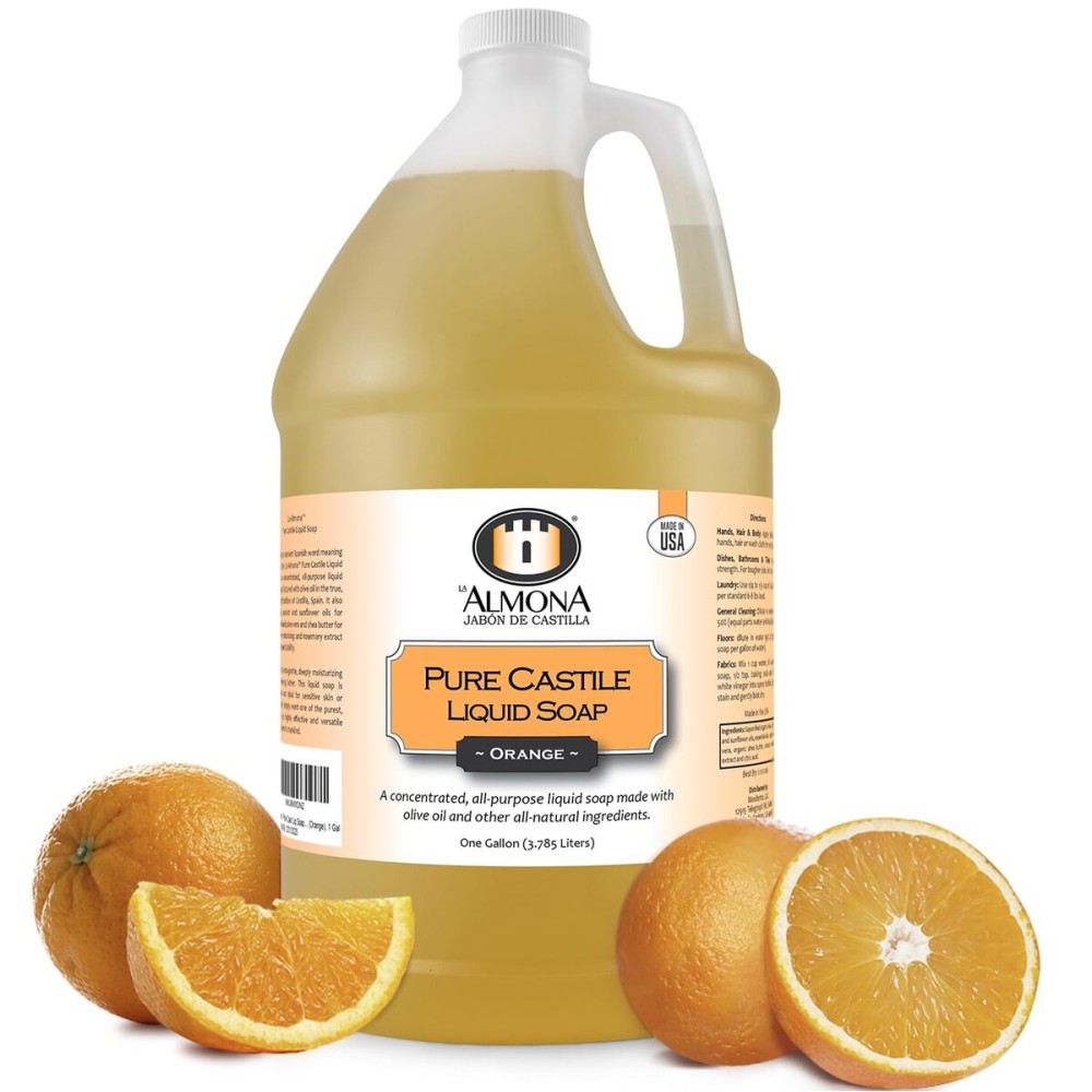 La Almona - Pure Castile Liquid Soap, ORANGE, 1 Gallon - Multipurpose: Hands, Face, Body, Laundry, Dishes & More - For Sensitive Skin, All-Natural Ingredients, Scented with Essential Oils