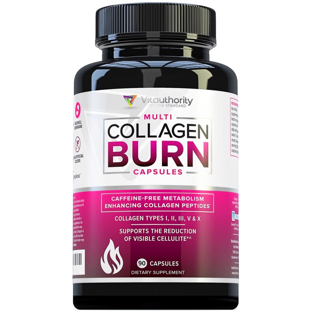 Multi Collagen Burn: Multi-Type Hydrolyzed Protein Peptides with Hyaluronic Acid, Vitamin C, SOD B Dimpless, Types I, II, III, V and X, Caffeine-Free (Unflavored Capsules)