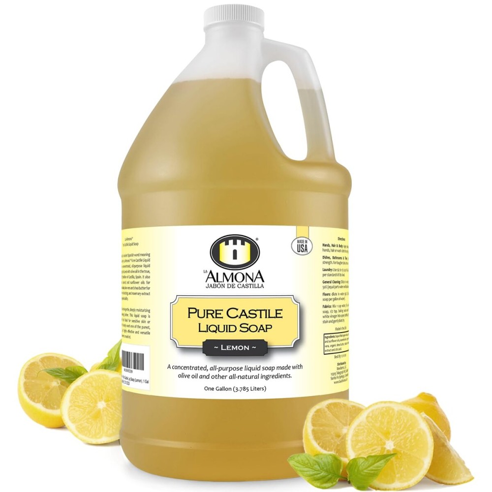 La Almona - Pure Castile Liquid Soap, LEMON, 1 Gallon - Multipurpose: Hands, Face, Body, Laundry, Dishes & More - For Sensitive Skin, All-Natural Ingredients, Scented with Essential Oils