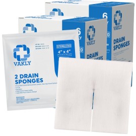 Vakly Split Drain Sponge Gauze 4x4 Sterile 6 Ply Pads [100 Pack] Absorbent Precut 4X4 Non-Woven Slit Pre Cut Bandages +2 Rolls Medical Tape for I.V. Tracheostomy - 25 Packs of 2 -Packaging May Vary