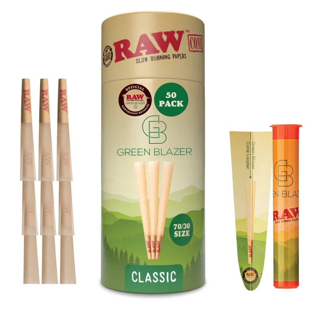RAW Pre Rolled Cones - Single Size Dogwalker 70/30 (70mm) - 50 Pack - Mini RAW Cones with Tips for Smoking - Slow-Burning Classic Rolling Paper