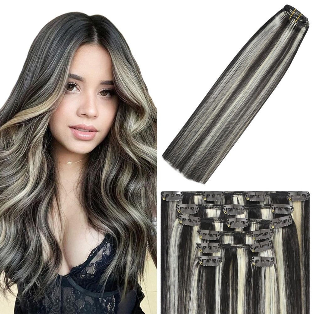 WindTouch Clip in Hair Extensions Dark Brown to Blonde Highlights For Women 20Inch Soft Human Remy Hair Extensions Clip Ins 2P613 75g 7PCS