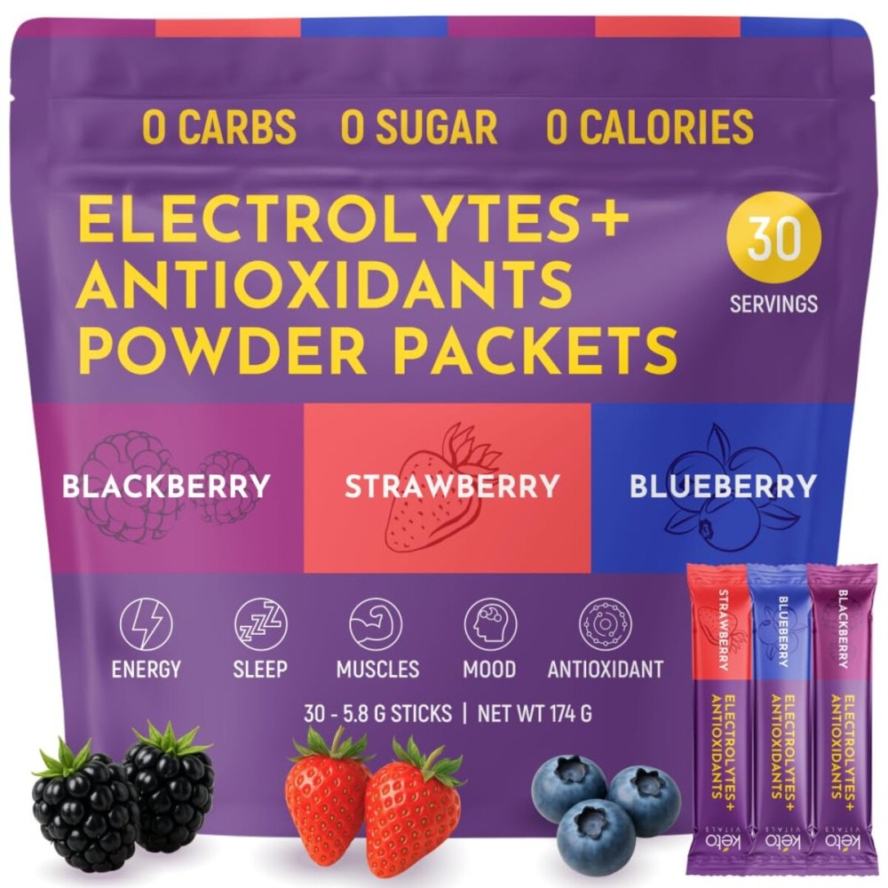 Keto Vitals Berry Electrolytes Powder Packets No Sugar | Keto Friendly Electrolytes Travel Packets | Variety Individual Stickpacks | Energy Drink Mix | Zero Calorie | Zero Carb (Berry Assorted, 30)