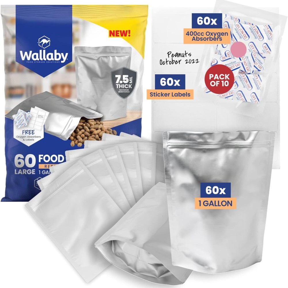 Wallaby 60 Count 1-Gallon Gusset Mylar Bags with 400cc Oxygen Absorbers, 15 Mil Total Thickness Long-Term Food Storage Pouches, 10x14 Stand-Up Resealable Heat-Sealable Airtight Packaging - Silver
