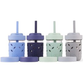 Elk and Friends Kids + Toddler Glass Cups | The Original 8oz Glass Mason Jar with Sleeves + Lids | Silicone Straws + Stopper | Smoothie Cup | Food Storage | Spill Resistant | Dishwasher Safe | 4 Pack