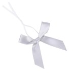 AKLVBL 50 Pack Silver Satin Ribbon Twist Tie Bows for Treat Bags, Gift Bags, Bakery Candy Bags and Package Decorating Ribbon Bow, Bowknot for Gifts