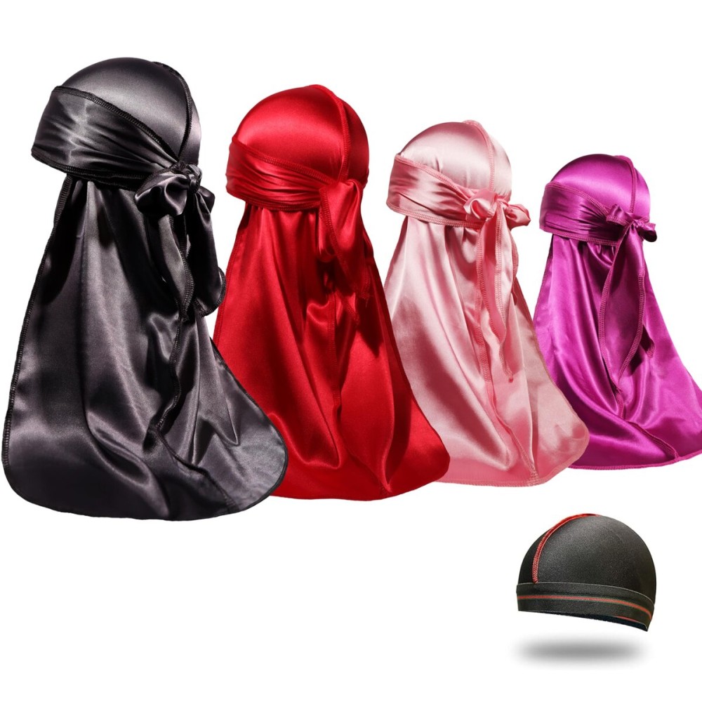 4PCS Silky Durags for Men Women 360 Waves with 1 Wave Cap, Silky Satin Durag Extra Long Tails
