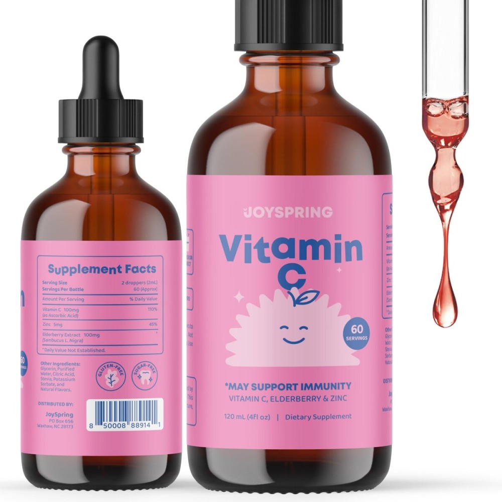 JoySpring Vitamin C and Zinc for Kids, Elderberry Liquid Supplement | Alcohol-Free Toddler Vitamin C | 3+ Years | (4 fl oz) 60 Servings