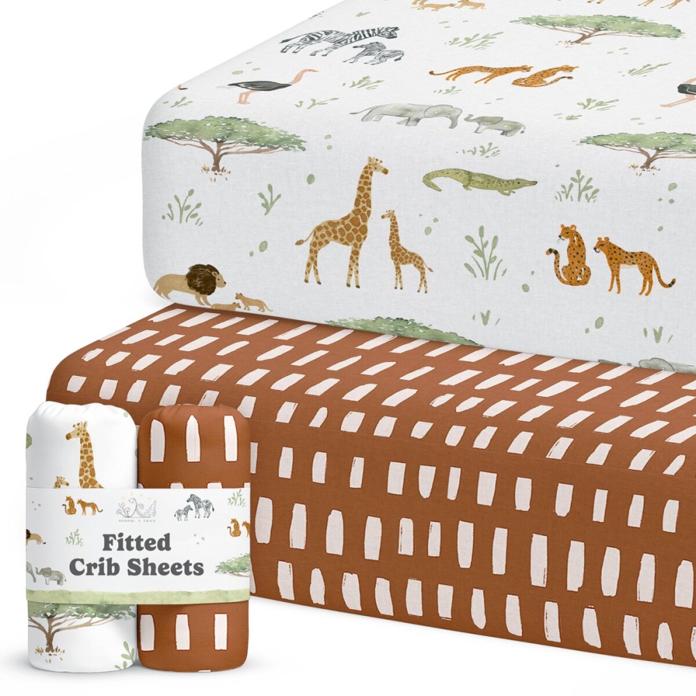 Crib Sheets Neutral - Fitted Baby Crib Sheets Bed for Girl Boy - 2 Pack Standard & Toddler Mattress (Safari Adventure) - Buttery Soft Organic Cotton Blend